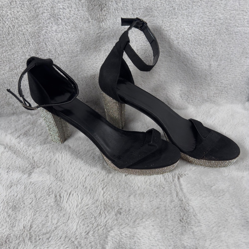 Black‎ Rhinestone Platform Block Heel Sandals Ankle Strap Open Toe Size 11